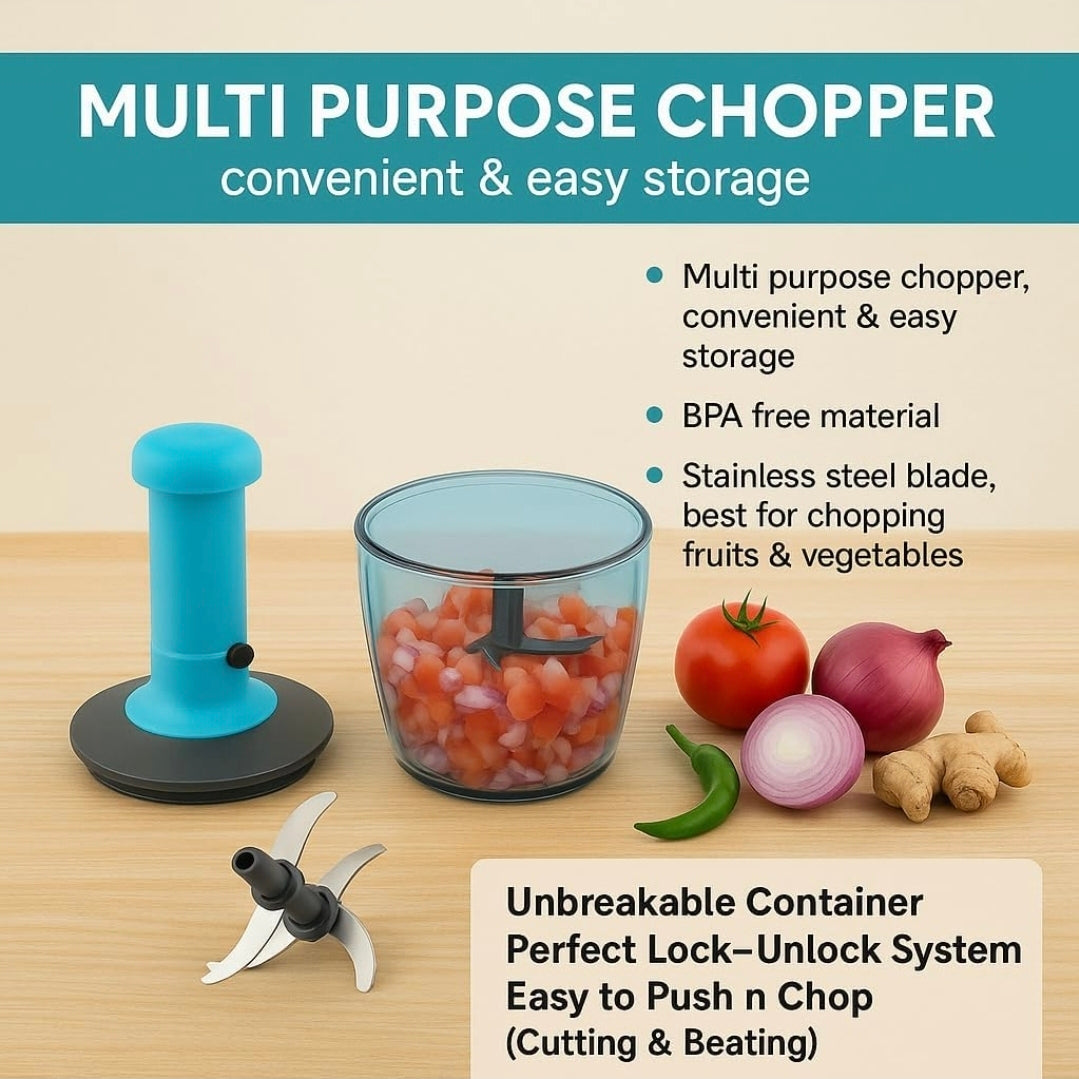 Push Chopper 500 ml with 3 Blades, Vegetable Chopper Kitchen Accessories Items for Home Cutting Vegetables